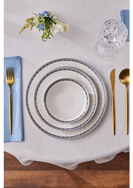 24 Parça 6 Kişilik Yemek Takımı Mavi Bone Malzeme ile Şık Desenli