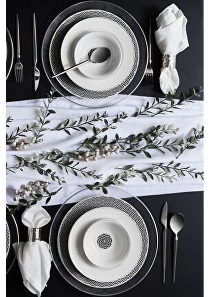 Newdebbie 24 Parça 6 Kişilik Desenli Porselen Yemek Takımı Siyah Renk