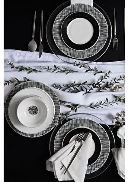 Newdebbie 24 Parça 6 Kişilik Desenli Porselen Yemek Takımı Siyah Renk