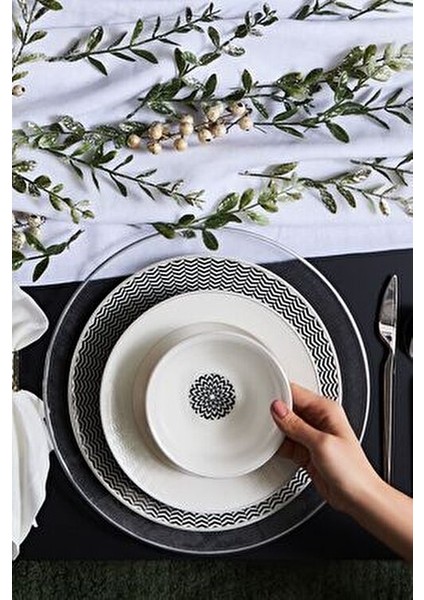 Newdebbie 24 Parça 6 Kişilik Desenli Porselen Yemek Takımı Siyah Renk