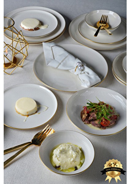 Düş 24 Parça 6 Kişilik Beyaz Altın Yaldızlı Yemek Takımı Modern Tasarım