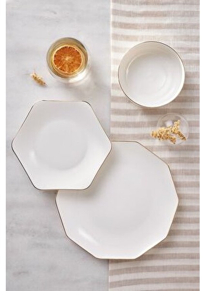 Stream Bone Linda 18 Parça 6 Kişilik Porselen Yemek Takımı Beyaz Altıgen Tasarım