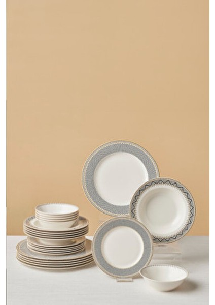 Elegance Bone Globe 24 Parça 6 Kişilik Desenli Porselen Yemek Takımı Krem Renk