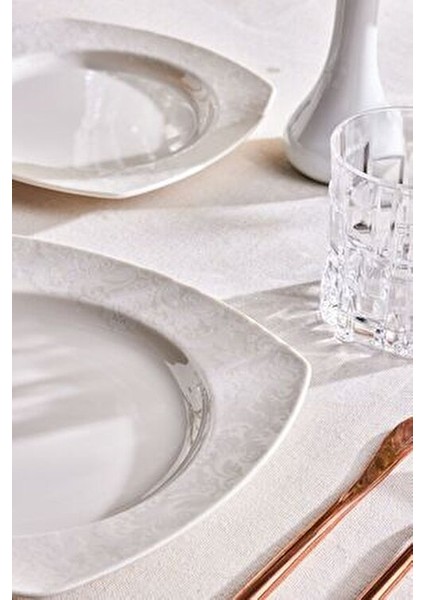 Square Bone Zahra 24 Parça 6 Kişilik Porselen Yemek Takımı Beyaz Renk Düz Tasarım