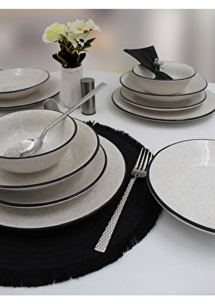 Anka 24 Parça 6 Kişilik Yemek Takımı Seramik Siyah File Desenli Çok Renkli