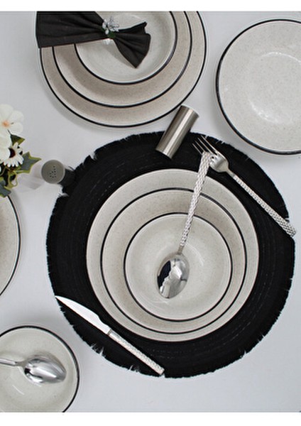 Anka 24 Parça 6 Kişilik Yemek Takımı Seramik Siyah File Desenli Çok Renkli