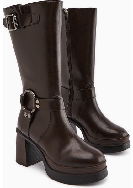 Beris Kahve Toka Detaylı Platform Topuklu Kadın Çizme modelleri