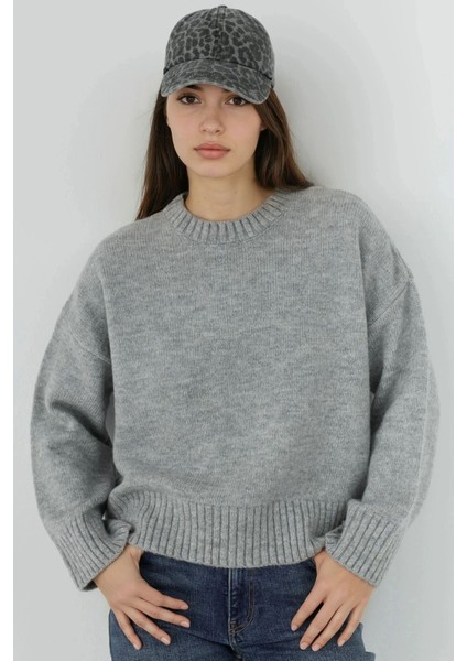 Kadın Kalın Ekstra Yumuşak Yuvarlak Yaka Kazak Grey