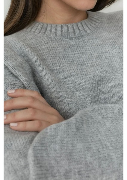 Kadın Kalın Ekstra Yumuşak Yuvarlak Yaka Kazak Grey modelleri