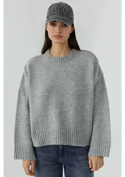 Kadın Kalın Ekstra Yumuşak Yuvarlak Yaka Kazak Grey
