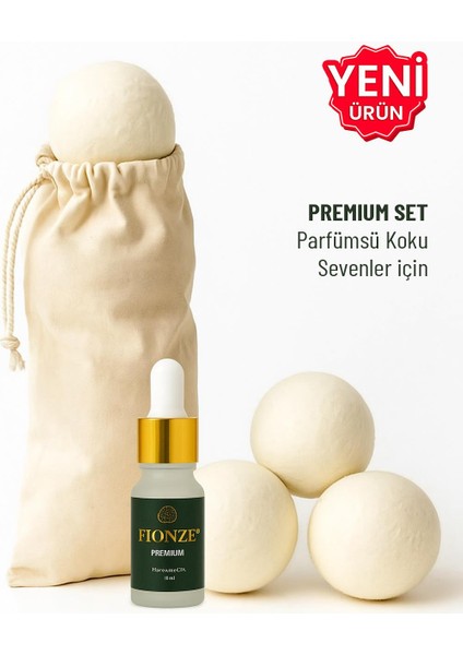 Fıonze Premium Kurutma Topu ve Esans Seti (3'lü Top + 1 Kese + 10 ml Premium Koku Yağı)