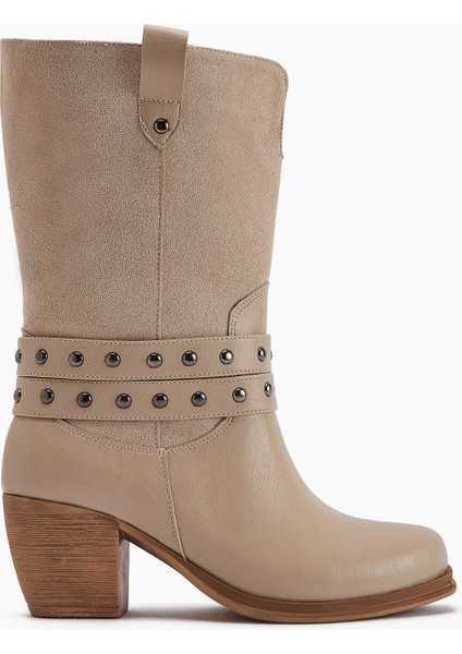 Catrin Bej Zımba Detaylı Topuklu Kadın Çizme