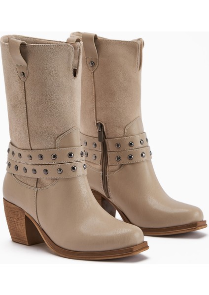 Catrin Bej Zımba Detaylı Topuklu Kadın Çizme modelleri