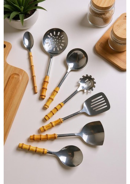 Bambum Mundo 7 Parça Bambu Saplı Çelik Mutfak Gereç Seti Çeyiz Seti Kaşık Kevgir Kepçe