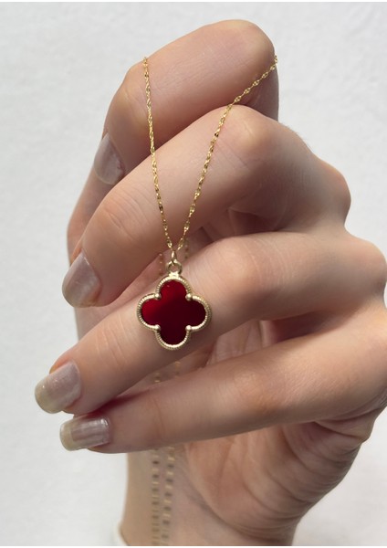 14 Ayar Altın Büyük Bordo Taşlı Yonca Kolye