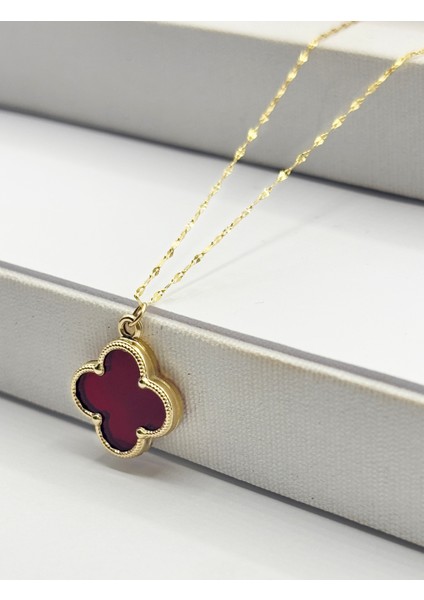 14 Ayar Altın Büyük Bordo Taşlı Yonca Kolye fiyatları