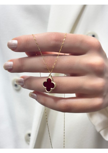 14 Ayar Altın Büyük Bordo Taşlı Yonca Kolye modelleri