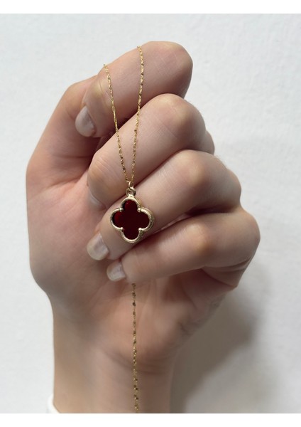 14 Ayar Altın Büyük Bordo Taşlı Yonca Kolye indirimleri