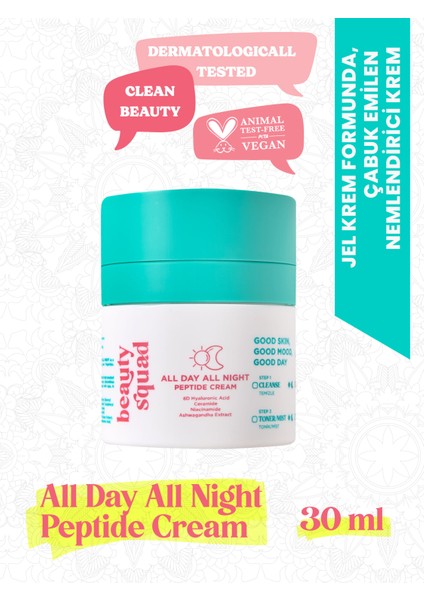 beauty squad ALL DAY ALL NIGHT PEPTIDE CREAM - Peptit, 8D Hyaluronik Asit İçeren Nemlendirici Krem - 30 ml