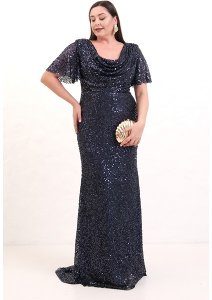 Kadın Lacivert Degaje Yaka Pul Payet Büyük Beden Uzun Abiye Elbise fiyatları