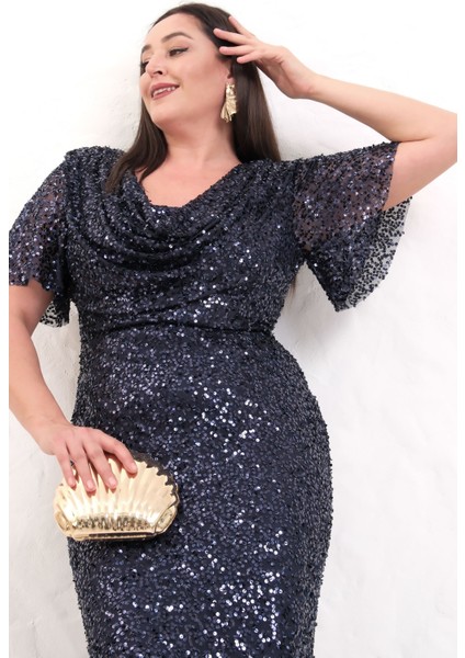 Kadın Lacivert Degaje Yaka Pul Payet Büyük Beden Uzun Abiye Elbise fırsatları