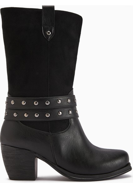 Catrin Siyah Zımba Detaylı Topuklu Kadın Çizme