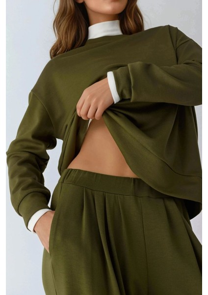 Kadın Modal Touch Pile Detaylı Geniş Paça Pantolon Haki Yeşil modelleri