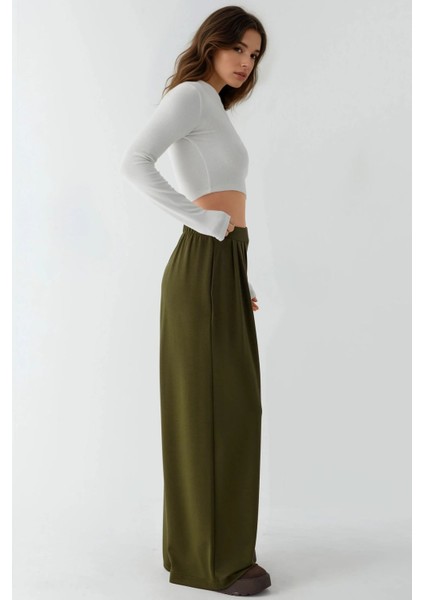 Kadın Modal Touch Pile Detaylı Geniş Paça Pantolon Haki Yeşil fırsatları