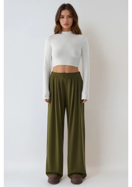 Kadın Modal Touch Pile Detaylı Geniş Paça Pantolon Haki Yeşil