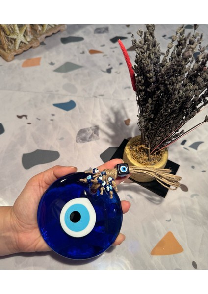 El Yapımı Hediyelik Dekoratif Nazar Boncuğu, İpli, Mavi 11 cm Duvar Süsü, Cam Nazarlık