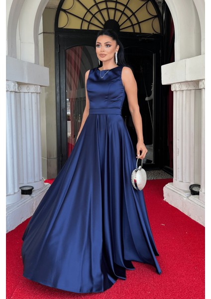 Saten Kumaş Sıfır Kol Abiye Elbise - Lacivert fiyatları