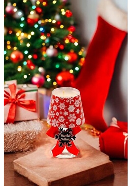 Dekoratif Yılbaşı Abajur Mumluk Vanilya Kokulu 2 Adet Kırmızı Kartanesi Desenli