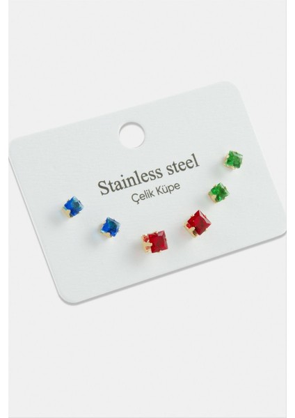 6 Adet Kare Renkli Zirkon Tek Taşlı Çelik Küpe