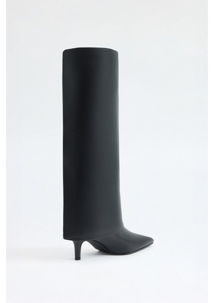 Çizme 2311 - Sivri Burun Tozluk Detaylı Siyah Kadın Çizme