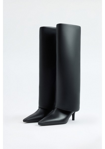 Çizme 2311 - Sivri Burun Tozluk Detaylı Siyah Kadın Çizme