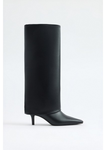 Çizme 2311 - Sivri Burun Tozluk Detaylı Siyah Kadın Çizme