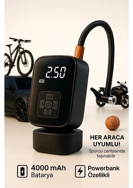 Mini Kablosuz Dijital Taşınabilir Auhma Kompresör Araç Lastik Top Şişirme Pompası