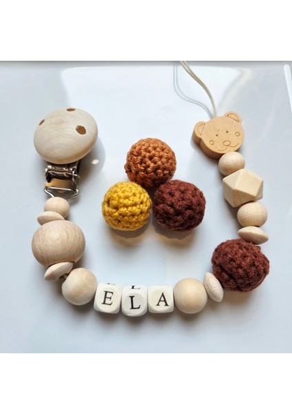 Ayıcıklı Kahverengi İsimli Bebek Emzik Zinciri Askısı