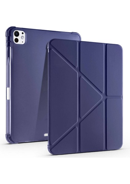 Apple iPad Pro 11 M5 (2025) Yatay ve Dikey Standlı Antişok Köşe Korumalı Kalemlikli Origami Slikon Kılıf