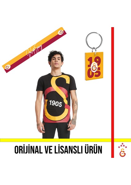Lisanslı Siyah Büyük Logolu T-Shirt Hediye Anahtarlık ve Yazılı Atkı