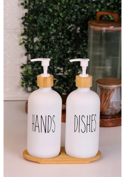 Cam ve Bambu Mutfak Sıvı Sabunluk Seti Beyaz Darbeye Dayanıklı Dekoratif 2 x 500 ml