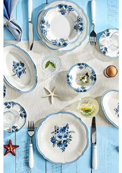 Nostalji 26 Parça 6 Kişilik Desenli Seramik Kahvaltı Takımı Mavi Renkli