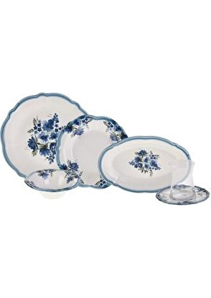 Nostalji 26 Parça 6 Kişilik Desenli Seramik Kahvaltı Takımı Mavi Renkli