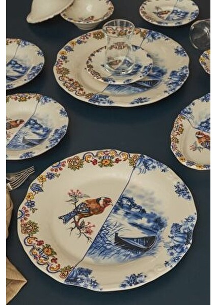 Leland Birdy 26 Parça 6 Kişilik Desenli Kahvaltı Takımı Stoneware Malzeme ile