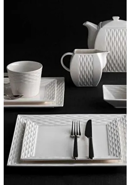 N.Wave 29 Parça Kahvaltı Takımı 6 Kişilik Beyaz Porselen Kare Tabak Seti fiyatları