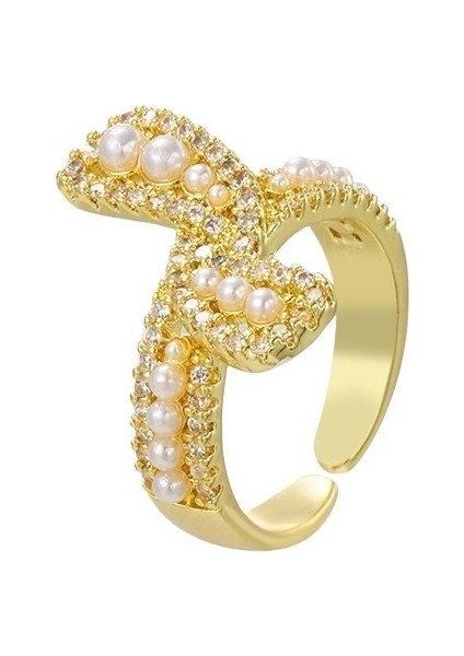 Popüler Barok Inci Yay Zirkon Açık Yüzük Kadın Hafif Lüks Moda Mizaç Bakır Kaplama Altın Yüzük (Yurt Dışından)