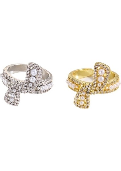 Popüler Barok Inci Yay Zirkon Açık Yüzük Kadın Hafif Lüks Moda Mizaç Bakır Kaplama Altın Yüzük (Yurt Dışından) fiyatları