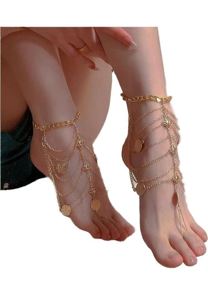 Egzotik Retro Moda Çok Katmanlı Püskül Bilezik Kadın Metal Zincir Ayak Bileği Zinciri Cos Mahkeme Tarzı Ayak Süsleri (Yurt Dışından)