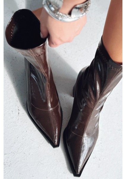 Caryne Kadın Topuklu Streç Bot Acıkahve Rugan