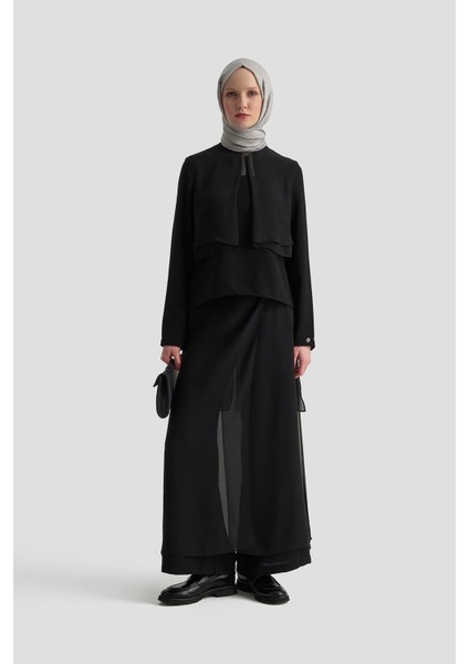 Broş Detaylı Şifon Garnili Şifon Parçalı Pantolonlu Ikili Takım Siyah 25KT675